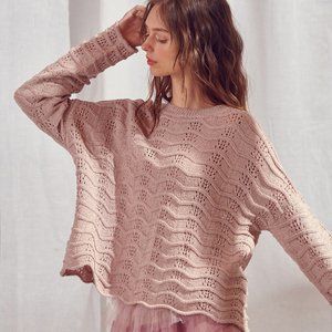 Storia Dusty Rose Wavy Knit Pullover Sweater with Scalloped Hem